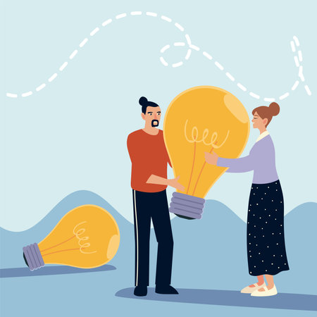 man and woman hoding big light bulb creativity concept vector illustrationのイラスト素材