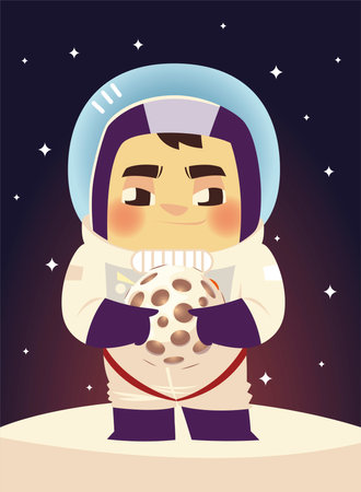 space astronaut with spacesuit and helmet holding planet cartoon vector illustrationのイラスト素材