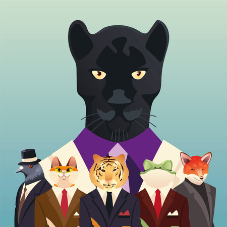 people art animal, portrait elegant fashion animals in suit and panther charactersのイラスト素材