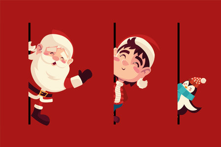 merry christmas, greeting card with santa helper and penguin vector illustrationのイラスト素材