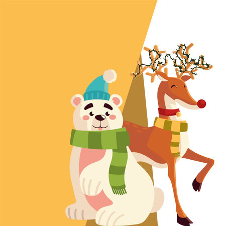 merry christmas reindeer and polar bear with scarf card vector illustrationのイラスト素材
