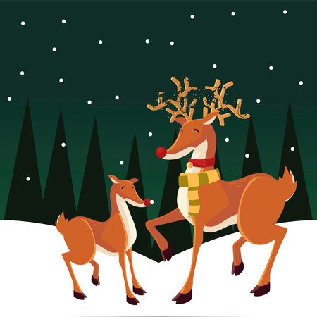 merry christmas reindeer family in the winter landscape vector illustrationのイラスト素材