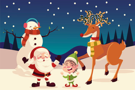 merry christmas santa elf reindeer snowman snowy landscape vector illustrationのイラスト素材