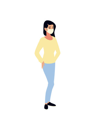 young woman wearing medical mask,  icon isolated and flat design vector illustrationのイラスト素材