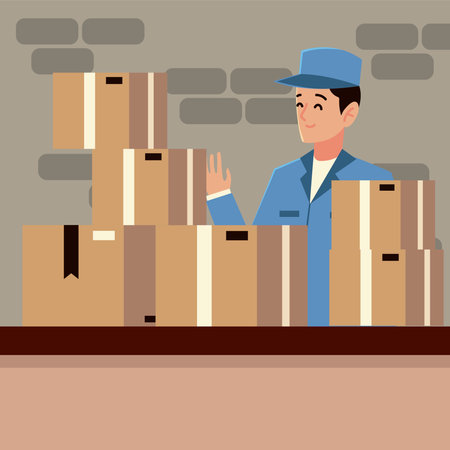 postal service postman character with boxes on counter vector illustrationのイラスト素材