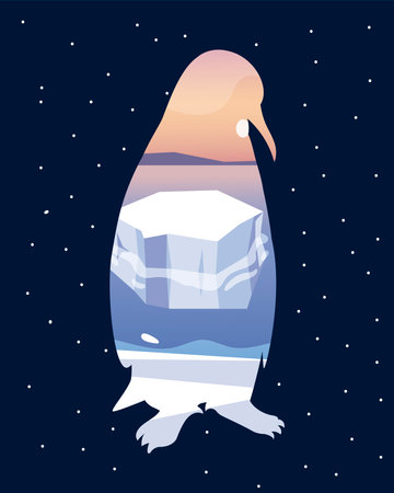 iceberg north pole melted ice in silhouette penguinのイラスト素材