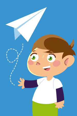 cute boy playing with paper plane cartoon, children vector illustrationのイラスト素材