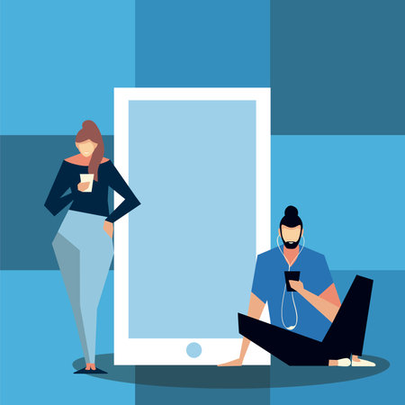 woman and man standing near big smartphone and using mobile vector illustrationのイラスト素材