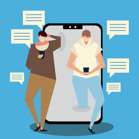 men using smartphone sending messages texting or chatting vector illustrationのイラスト素材