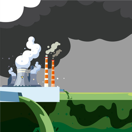 environmental contamination by factory, waste emission to river water vector illustrationのイラスト素材