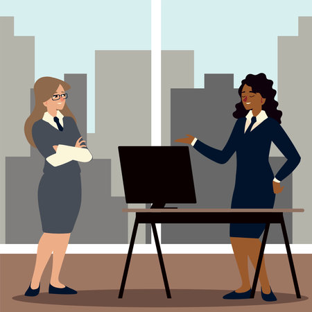 business women in workspace with desk and chair vector illustrationのイラスト素材