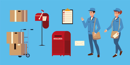 postal service man and woman worker, mailbox envelope boxes vector illustrationのイラスト素材