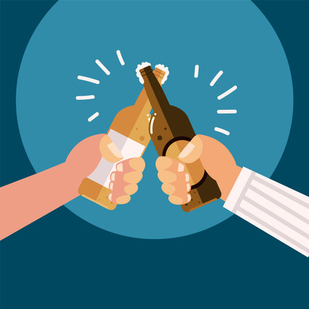 male hands with beer bottles alcohol celebration, cheers vector illustrationのイラスト素材