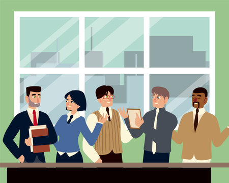 business men and woman in office discussing meeting teamwork vector illustrationのイラスト素材
