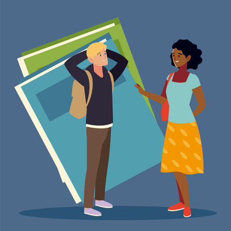 students, man and woman with bag and books vector illustrationのイラスト素材