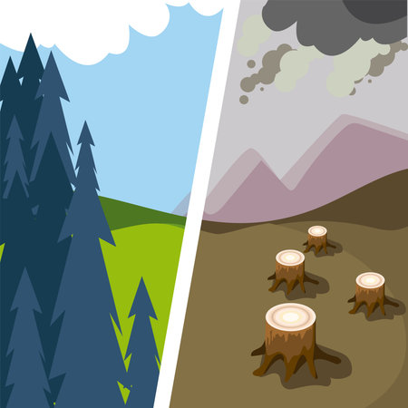 forest before and after deforestation, pollution environmental vector illustrationのイラスト素材