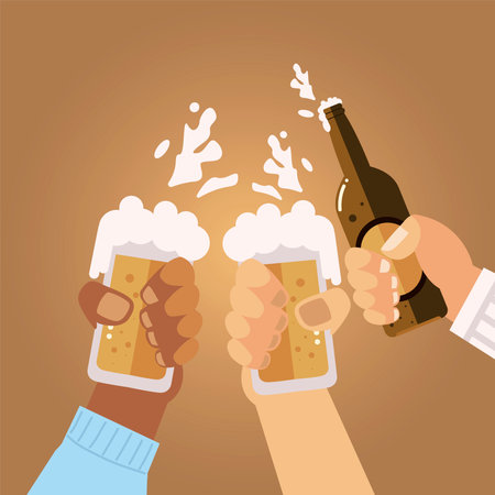 male hands with beer mugs and bottle celebrating, cheers vector illustrationのイラスト素材