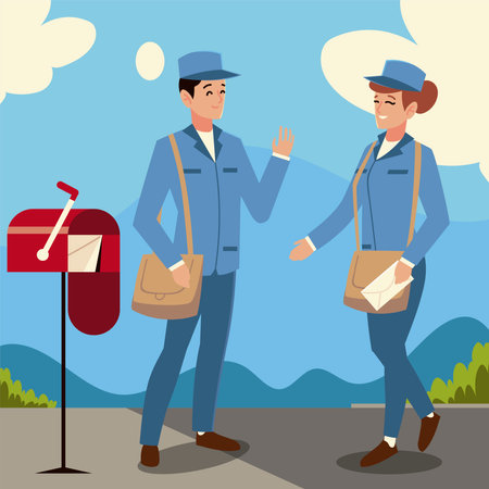 postal service postman and woman character mailbox vector illustrationのイラスト素材