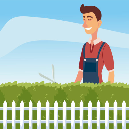 gardening, man trimming a bush or tree with big clippers vector illustrationのイラスト素材