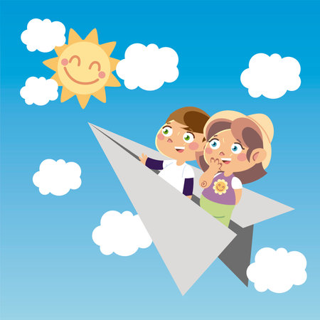 cute boy and girl on paper plane cartoon, children vector illustrationのイラスト素材