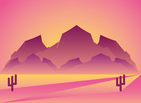 Polygonal landscape of desert mountains with cactus design, nature and outdoor theme Vector illustrationのイラスト素材