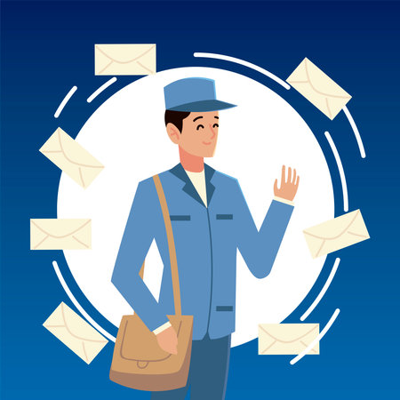 postal service postman character in uniform with envelopes vector illustrationのイラスト素材