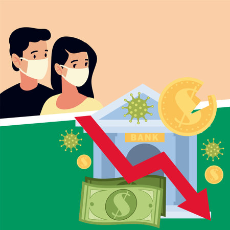 people wearing masks and economy finance crisis vector illustrationのイラスト素材