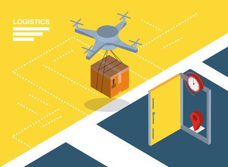 Logistics and delivery isometric drone with box and door design, transportation shipping and service theme Vector illustrationのイラスト素材