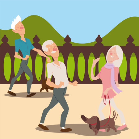 seniors active, elderly couple with dog and old man walking vector illustrationのイラスト素材
