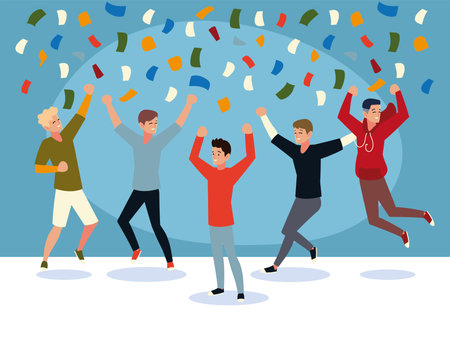 happy group of people jumping celebrating confetti festive vector illustrationのイラスト素材