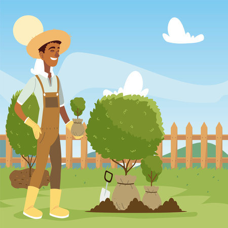 gardening, man with shovel working in the garden and digs ground vector illustrationのイラスト素材