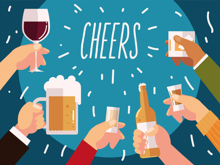 cheers hands with beer wine cocktails and bottles drinks vector illustrationのイラスト素材