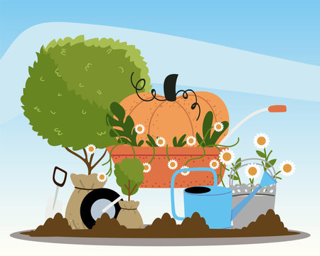 gardening, wheelbarrow watering can flowers tree trowel and ground vector illustrationのイラスト素材