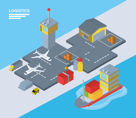 Logistics and delivery isometric airport and ship design, transportation shipping and service theme Vector illustrationのイラスト素材