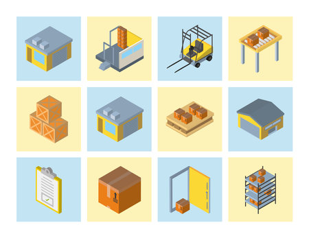 Delivery and logistics isometric icon collection design, transportation shipping and service theme Vector illustrationのイラスト素材
