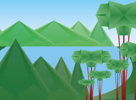 Polygonal landscape of trees lake and mountains design, nature and outdoor theme Vector illustrationのイラスト素材