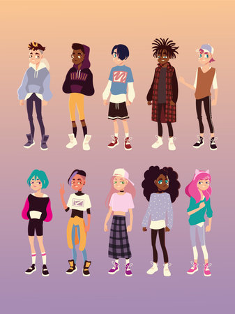 portrait of boys girls with fashionable clothes, young culture vector illustrationのイラスト素材