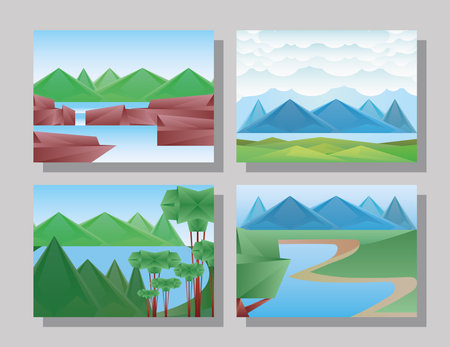 Polygonal landscapes symbol set design, nature and outdoor theme Vector illustrationのイラスト素材