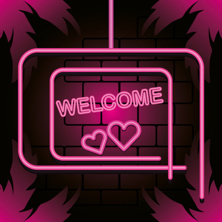 Neon pink welcome banner frame design, Decoration advertising and fluorescent light theme Vector illustrationのイラスト素材