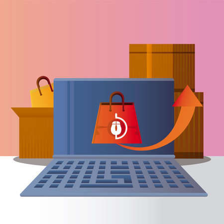 online shopping laptop delivery boxes bag vector illustrationのイラスト素材
