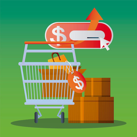 online shopping cart cardboard boxes button click vector illustrationのイラスト素材