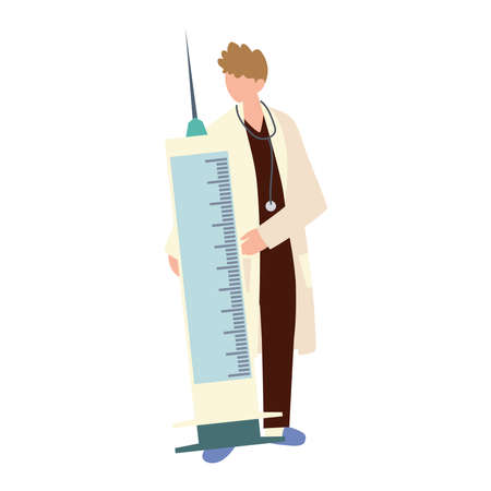 male doctor character with big syringe medical vaccine vector illustrationのイラスト素材