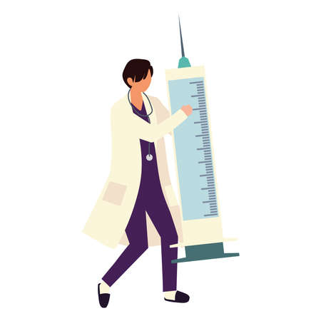 young man doctor holding a syringe vaccine vector illustrationのイラスト素材