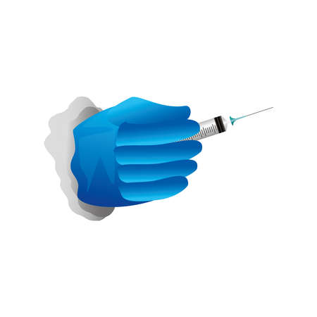 world vaccine covid 19 hand with glove holds syringe vector illustrationのイラスト素材