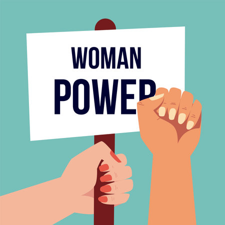 womens day, hand with placard and raised arm in cartoon style vector illustrationのイラスト素材