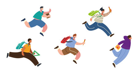 back to school male students with a rucksacks running vector illustration