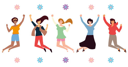 womens day, happy group female character celebrating vector illustrationのイラスト素材