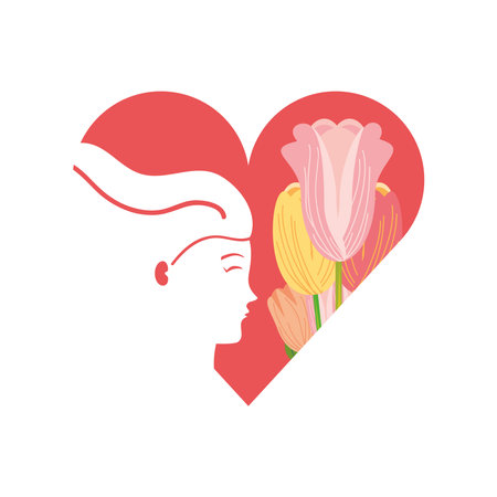 womens day, female profile flowers heart in cartoon style vector illustrationのイラスト素材