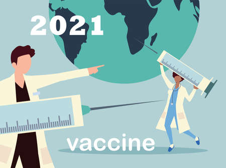 doctors inject vaccine to the world, coronavirus covid 19 vector illustrationのイラスト素材