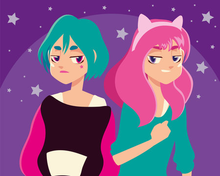 beauty teenagers with color hairstyle youth culture and clothes vector illustration